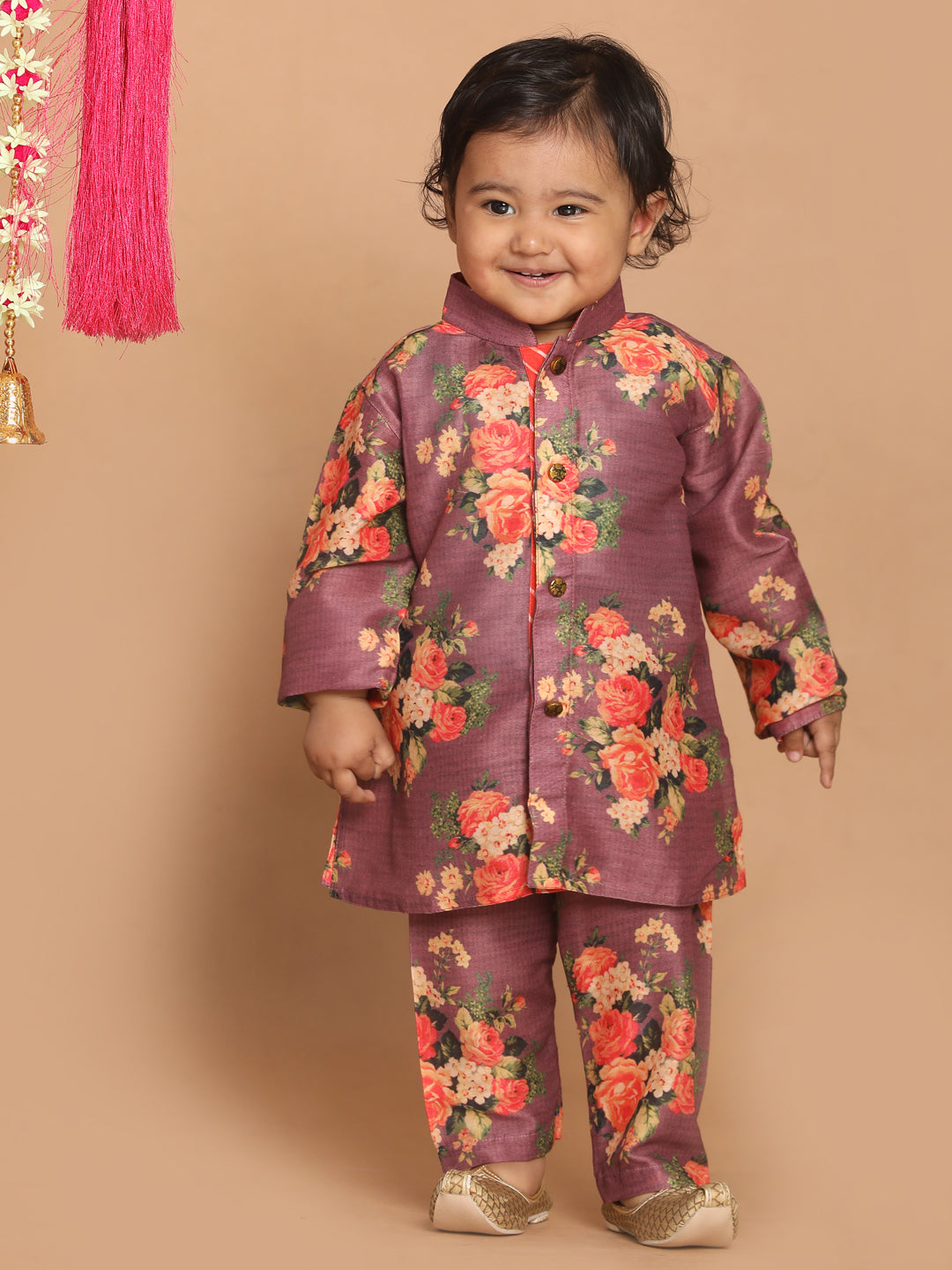 VASTRAMAY Boy's Purple Floral Printed Kurta With Pyjama Set - qivii