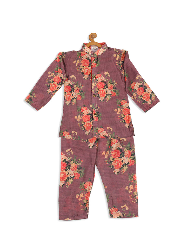 VASTRAMAY Boy's Purple Floral Printed Kurta With Pyjama Set - qivii