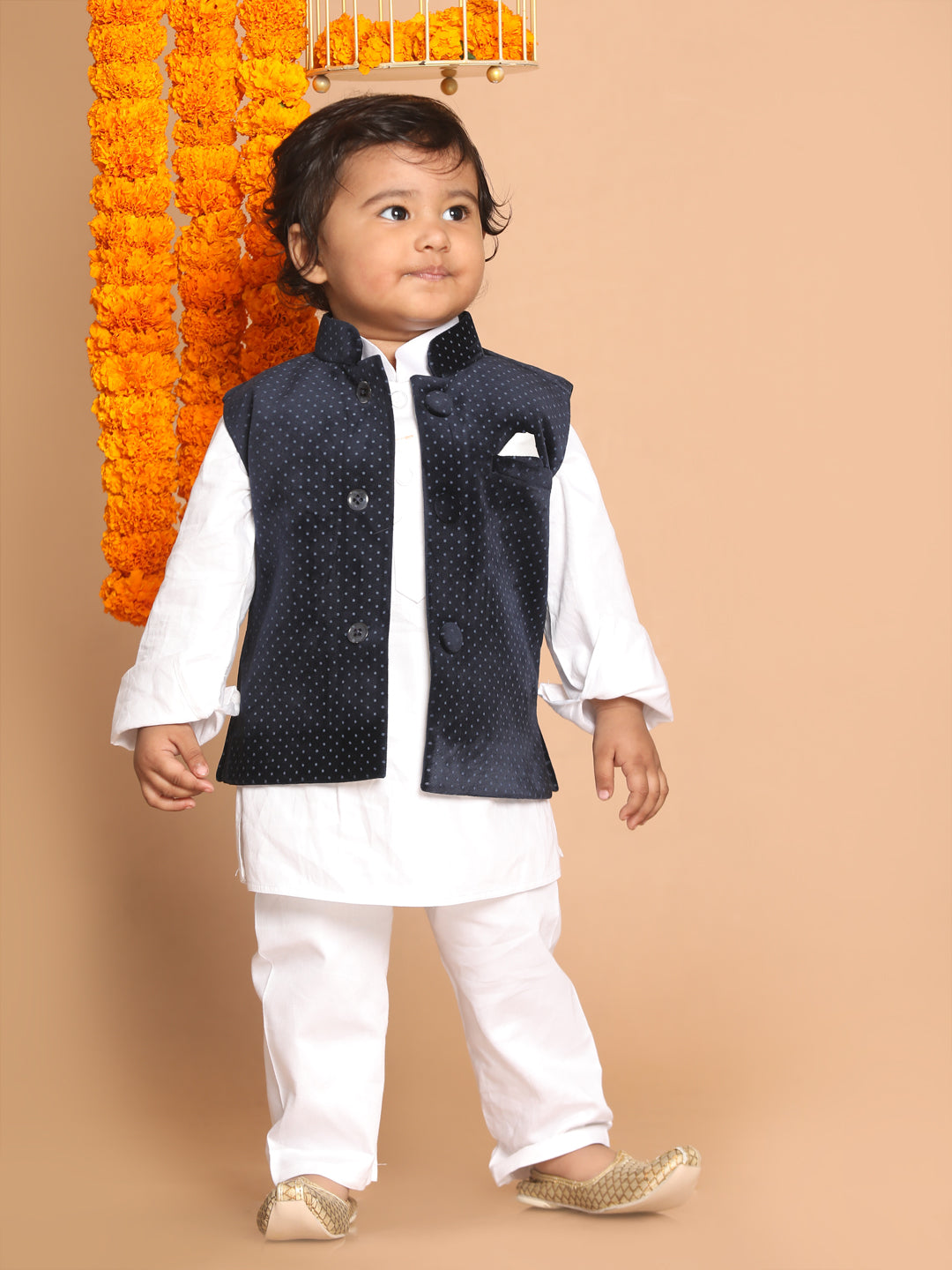 VASTRAMAY SISHU Boy's White Kurta with Pyjamas & Black  Nehru Jacket - qivii