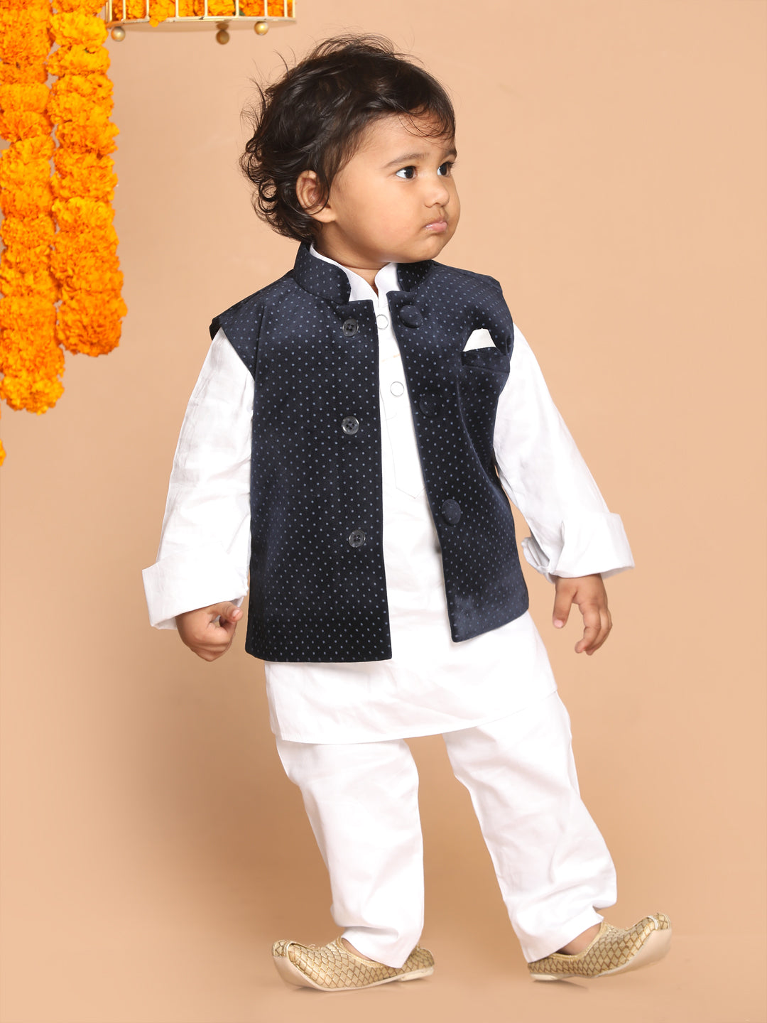 VASTRAMAY SISHU Boy's White Kurta Pyjama Set With Blue Dot Print Nehru Jacket - qivii