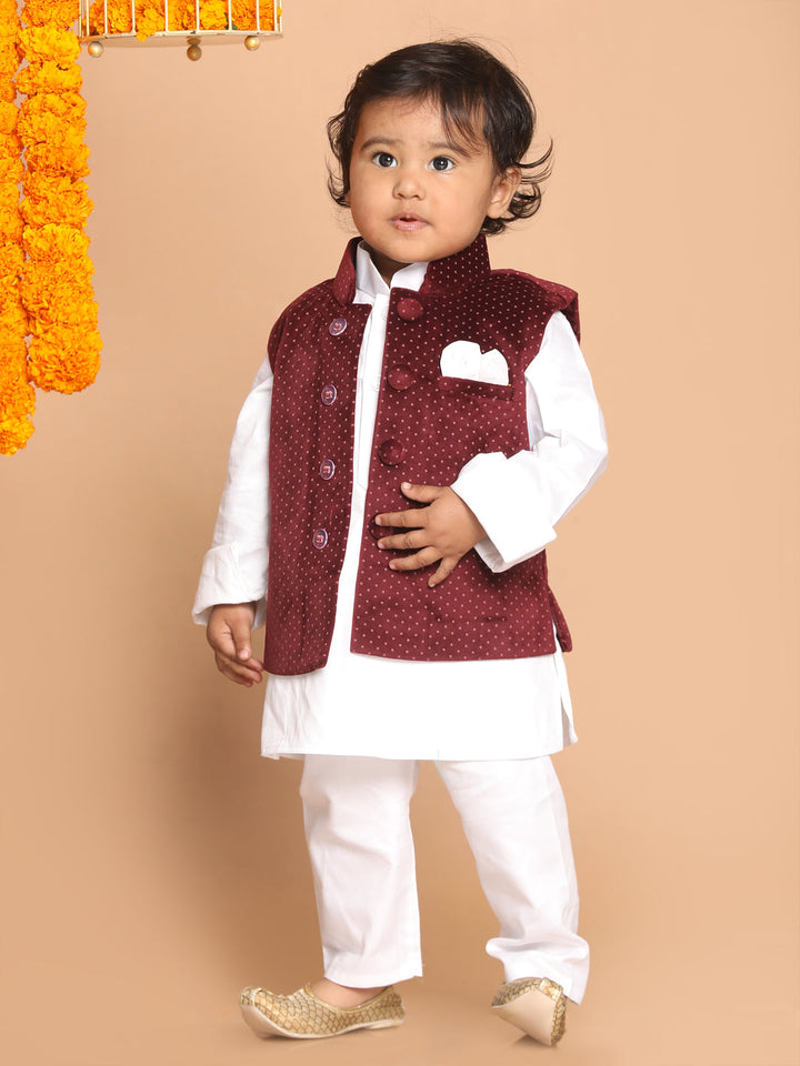 VASTRAMAY SISHU Boy's Maroon Printed Kurta with Pyjamas & Nehru Jacket - qivii