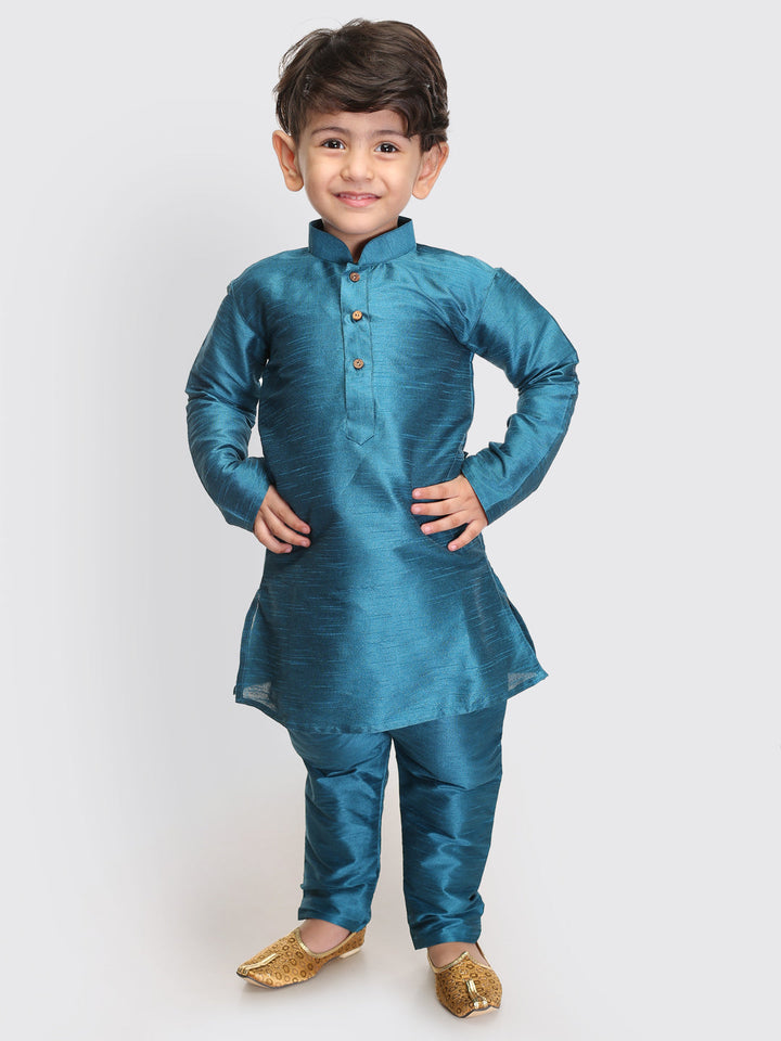 VASTRAMAY SISHU Boys Turquoise Silk Blend Kurta Pyjama Set - qivii