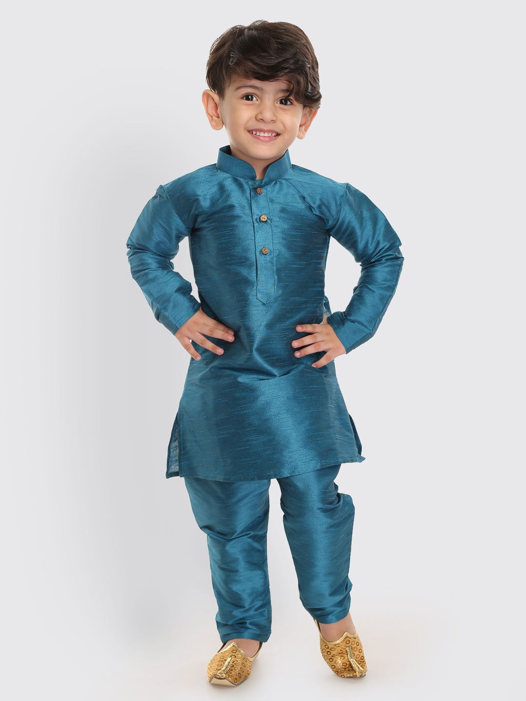 VASTRAMAY SISHU Boys Turquoise Silk Blend Kurta Pyjama Set - qivii