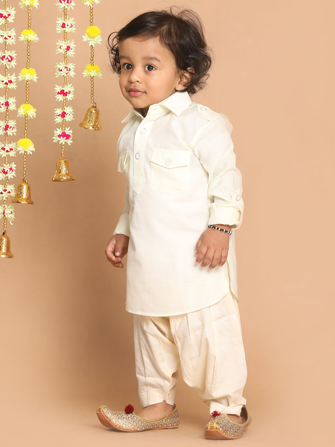 VASTRAMAY Boy's Cream Pathani Kurta With Patiala Set - qivii
