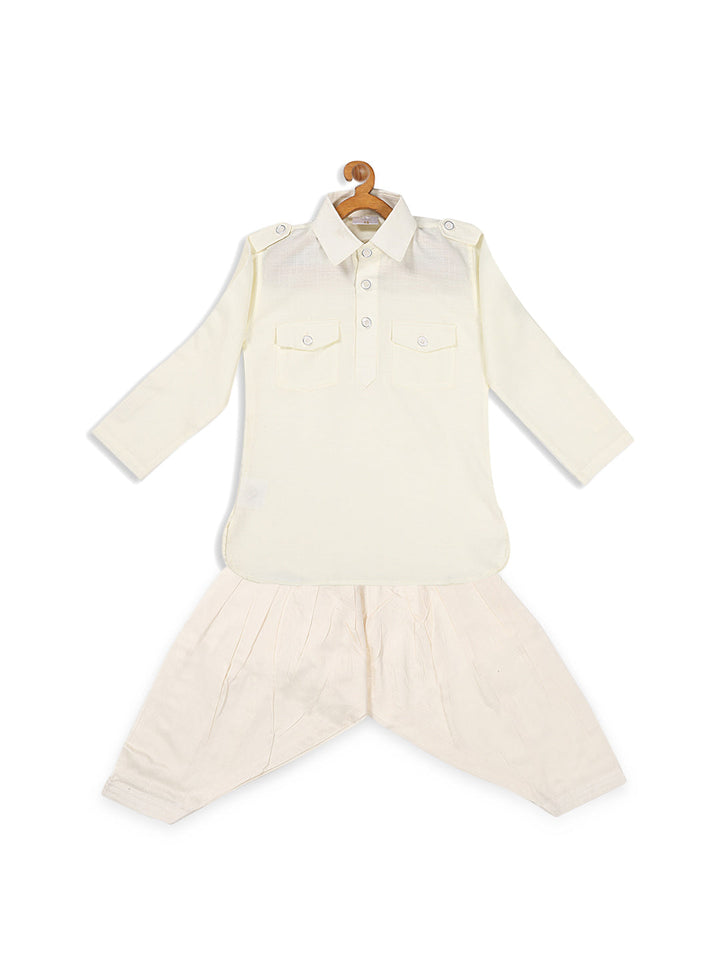 VASTRAMAY Boy's Cream Pathani Kurta With Patiala Set - qivii