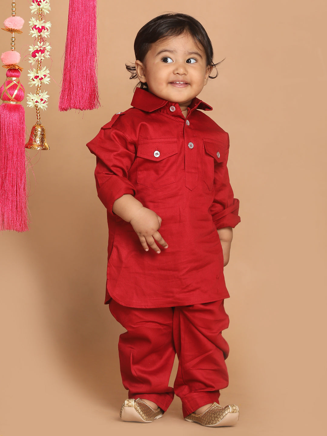 VASTRAMAY SISHU Boy's Maroon Pure Cotton Pathani Kurta With Pyjama Set - qivii
