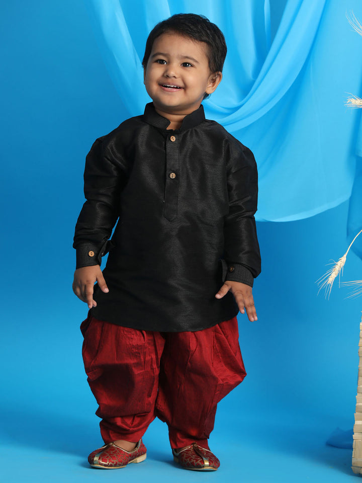 VASTRAMAY SISHU Boy's Black Kurta And Maroon Cowl Dhoti Set - qivii