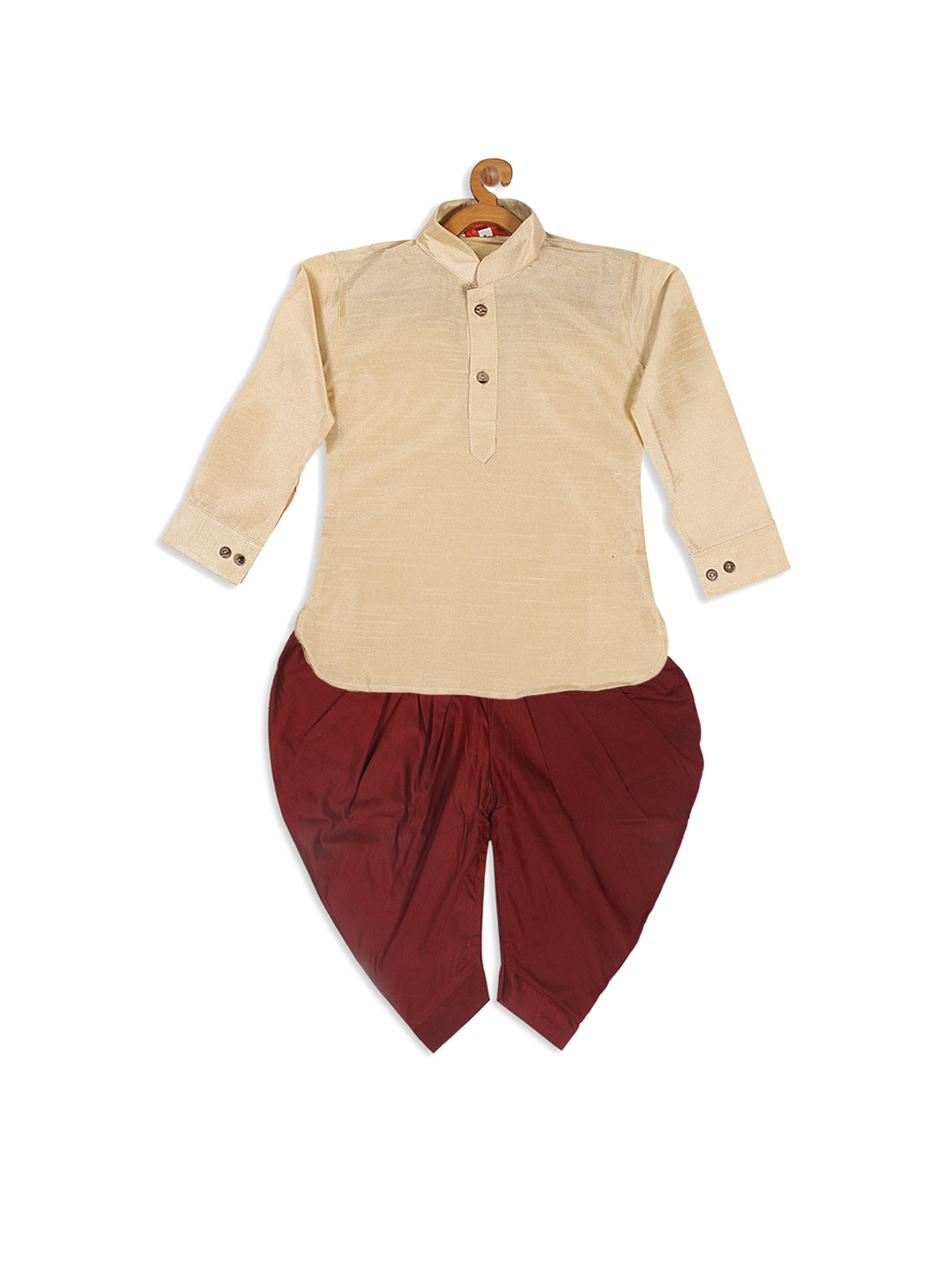 VASTRAMAY SISHU Boy's Gold Kurta And Maroon Cowl Dhoti Set - qivii
