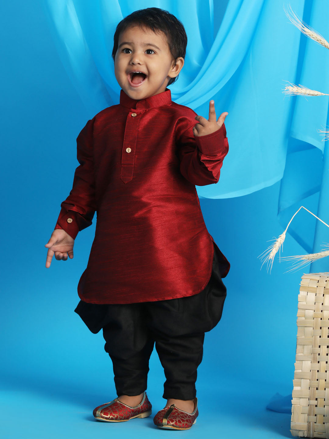 VASTRAMAY SISHU Boy's Maroon Kurta And Black Cowl Dhoti  Set - qivii