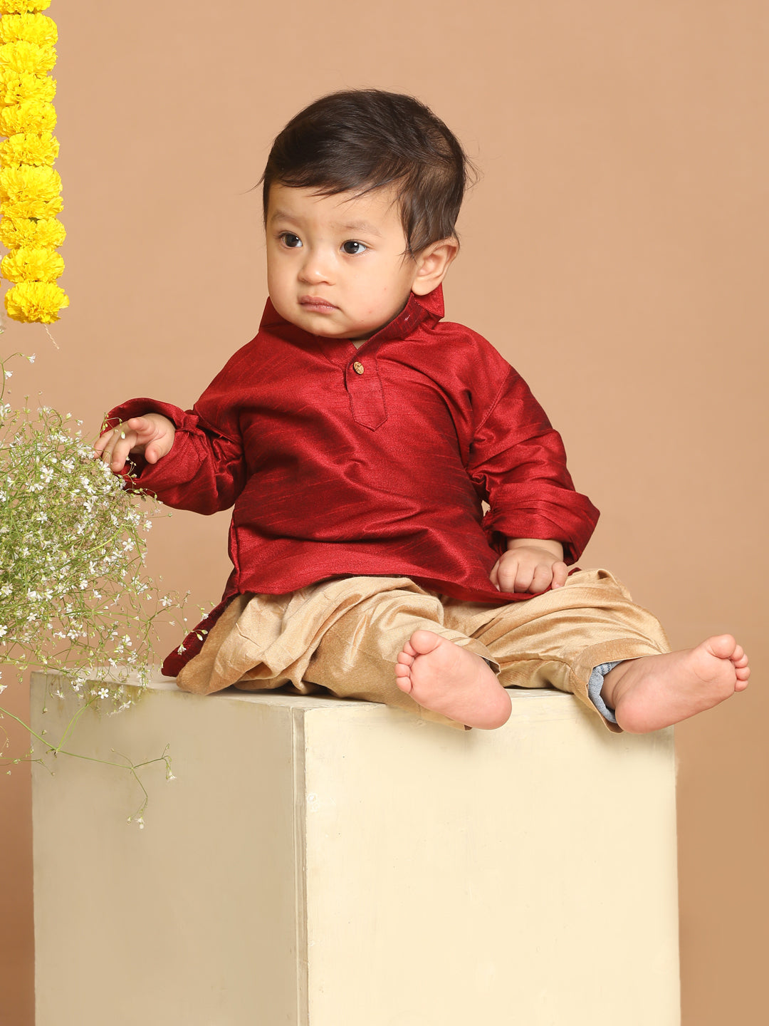 VASTRAMAY Boys Maroon Kurta With Gold Dhoti Pant Set - qivii