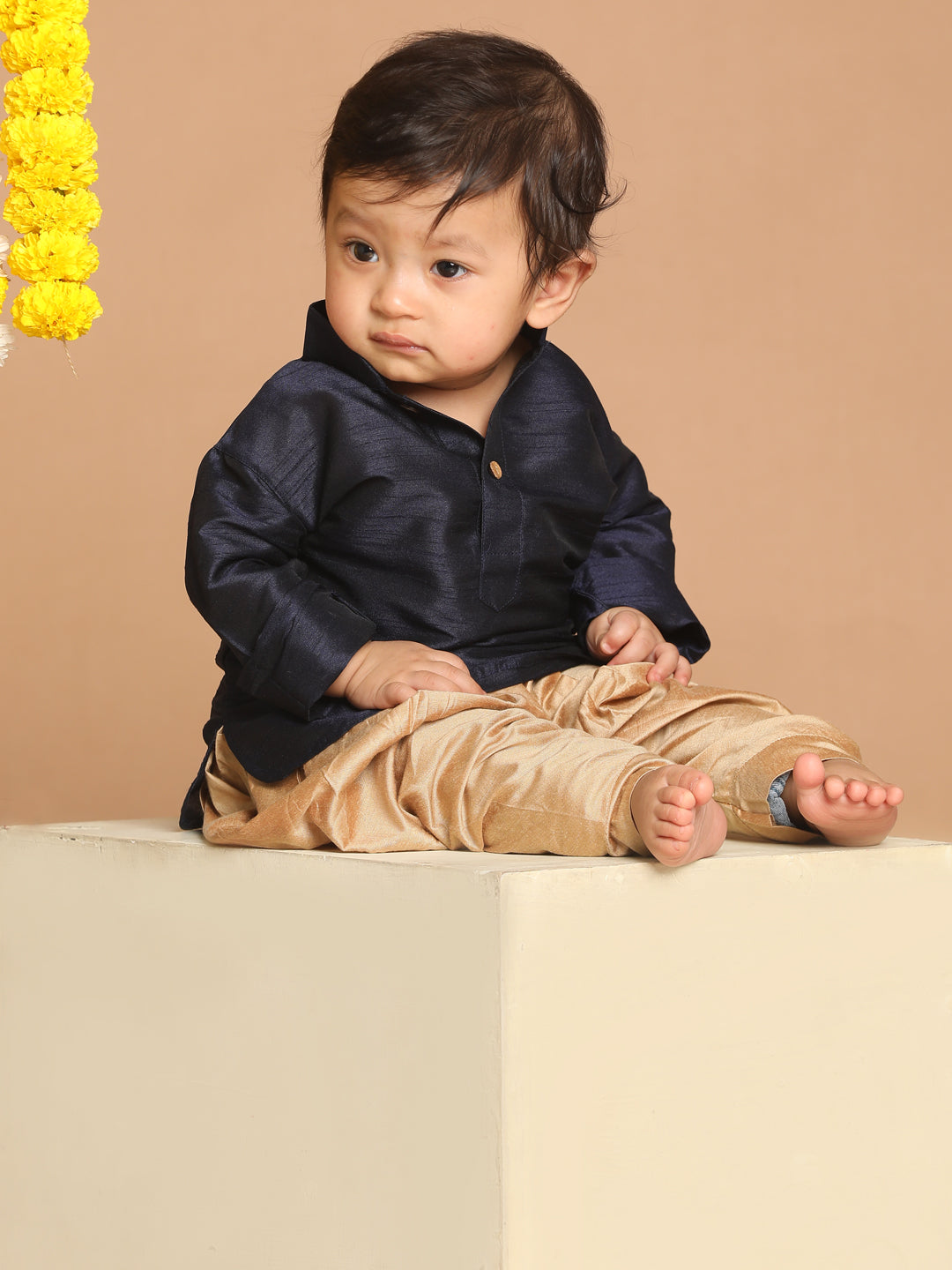 VASTRAMAY SISHU Boy's Navy Blue Kurta And Rose Gold Dhoti Set - qivii
