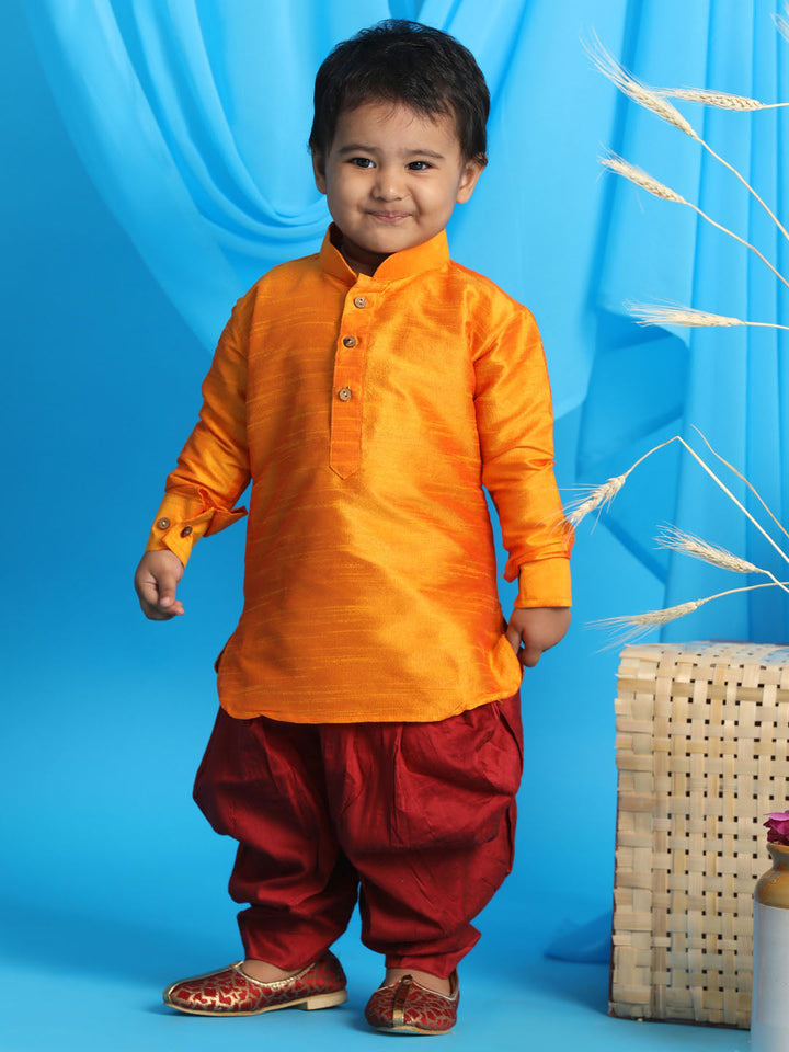 VASTRAMAY SISHU Boy's Orange Kurta And Maroon Dhoti Set - qivii