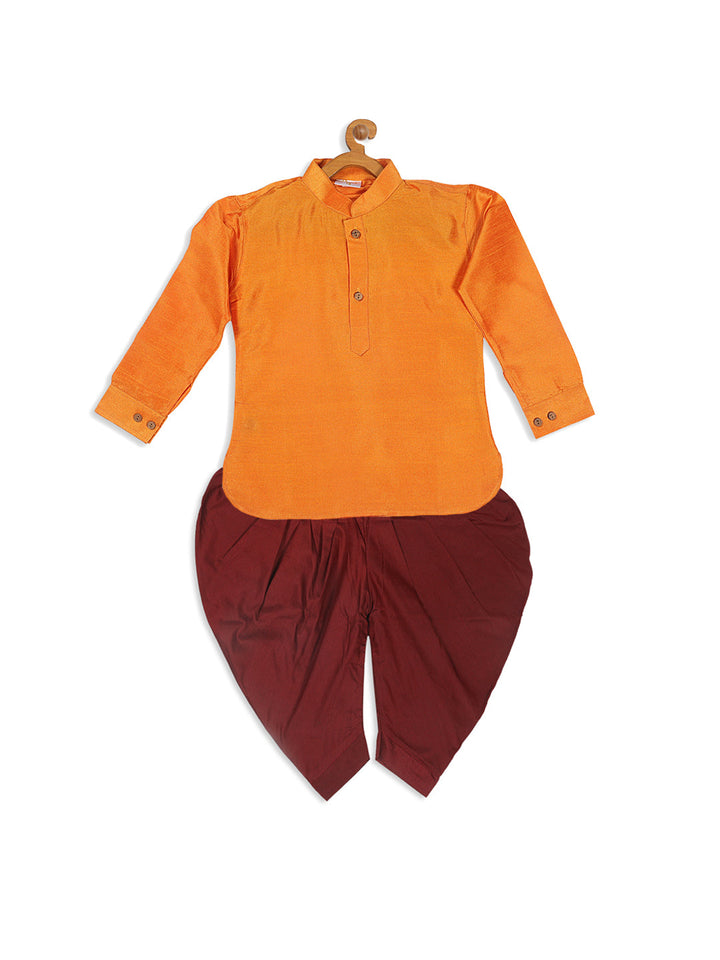 VASTRAMAY SISHU Boy's Orange Kurta And Maroon Dhoti Set - qivii