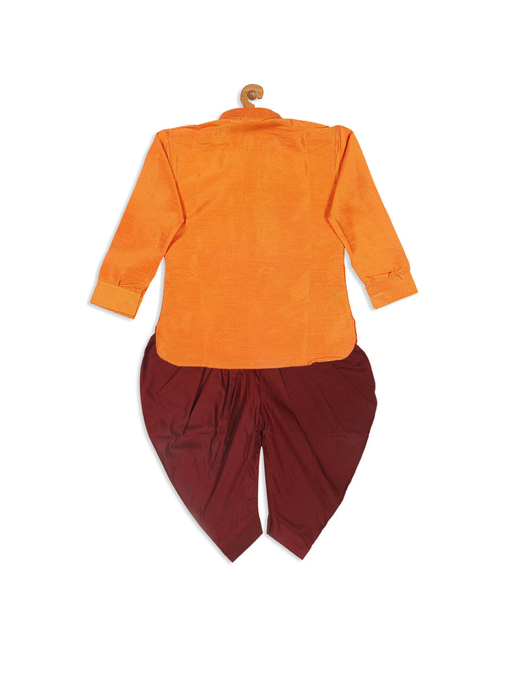 VASTRAMAY SISHU Boy's Orange Kurta And Maroon Dhoti Set - qivii