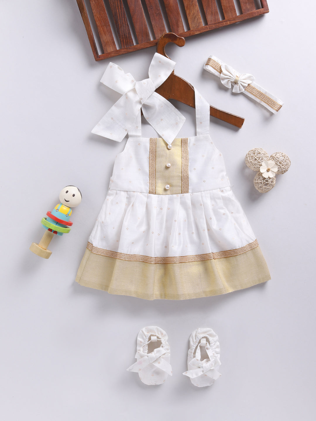 VASTRAMAY Girls' White Frock, Shoe And Head Band - qivii