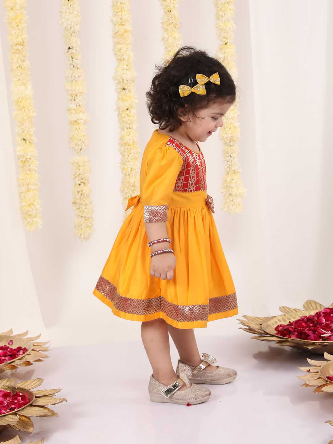 VASTRAMAY Girl's Red And Yellow Banarsi Frock - qivii