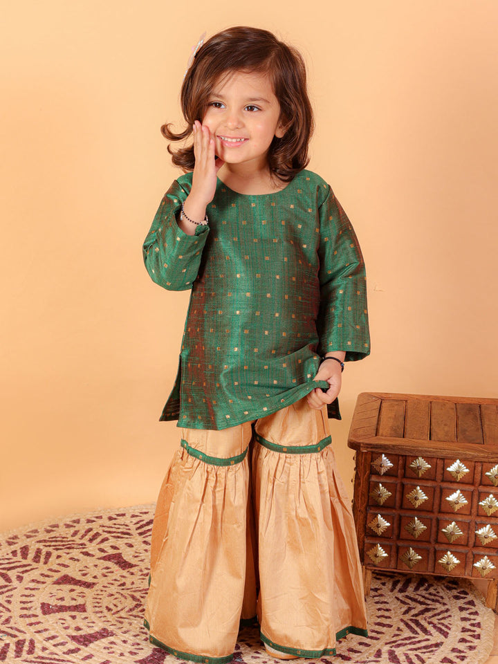 VASTRAMAY SISHU Girls' Green Zari Kurta And Rose Gold Sharara Set - qivii