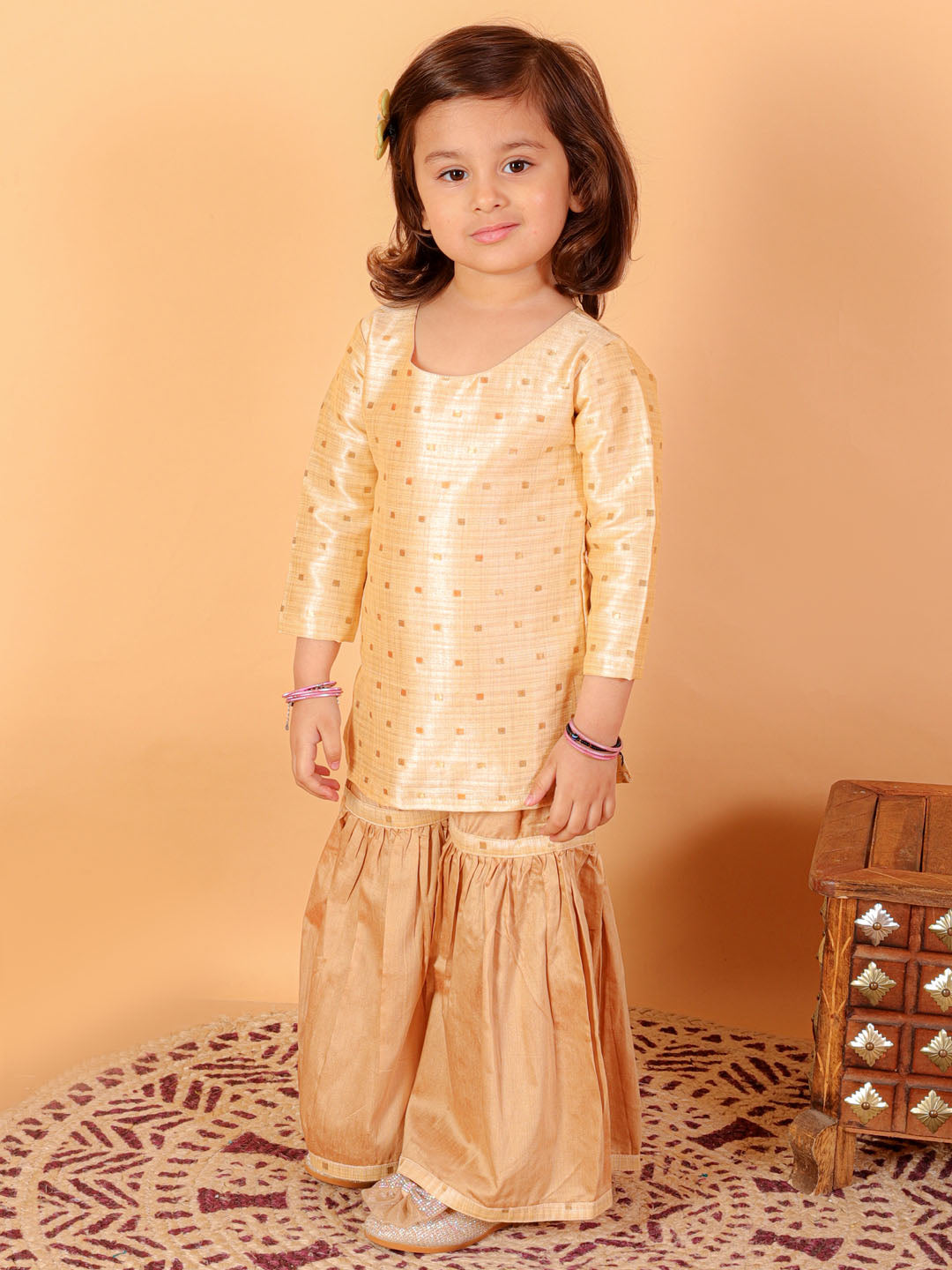 VASTRAMAY SISHU Girls' Gold Zari Kurta And Rose Gold Sharara Set - qivii