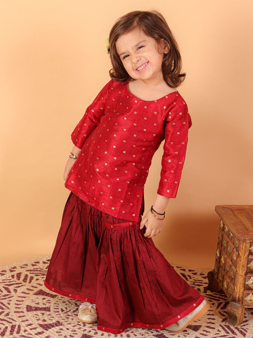 VASTRAMAY SISHU Girls' Maroon Zari Kurta And Maroon Sharara Set - qivii