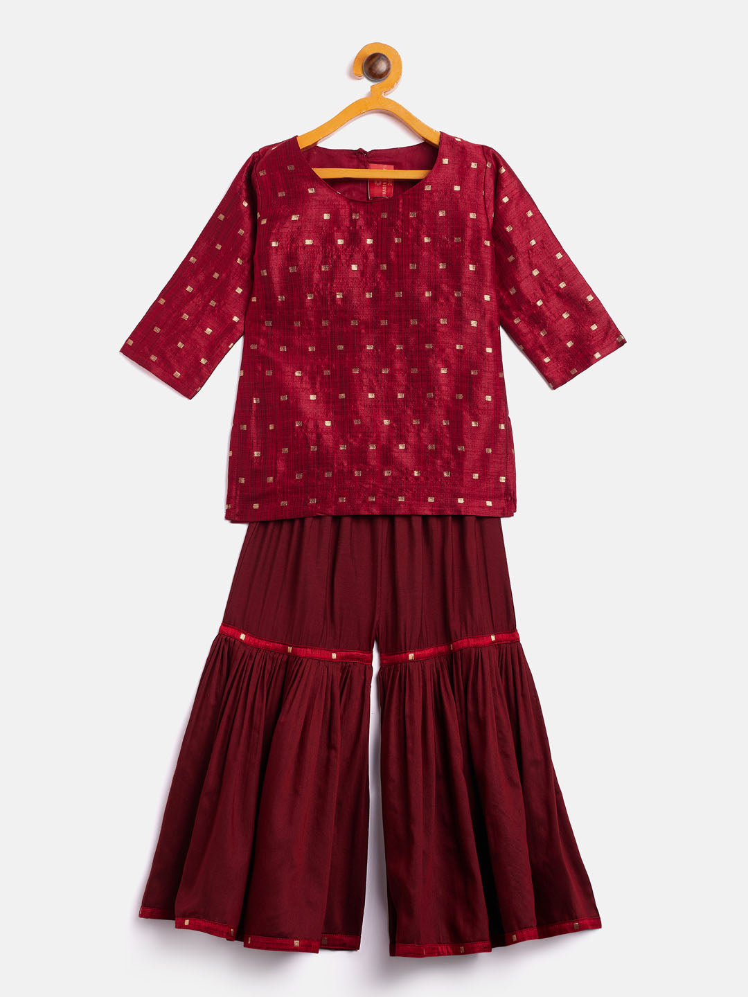 VASTRAMAY SISHU Girls' Maroon Zari Kurta And Maroon Sharara Set - qivii