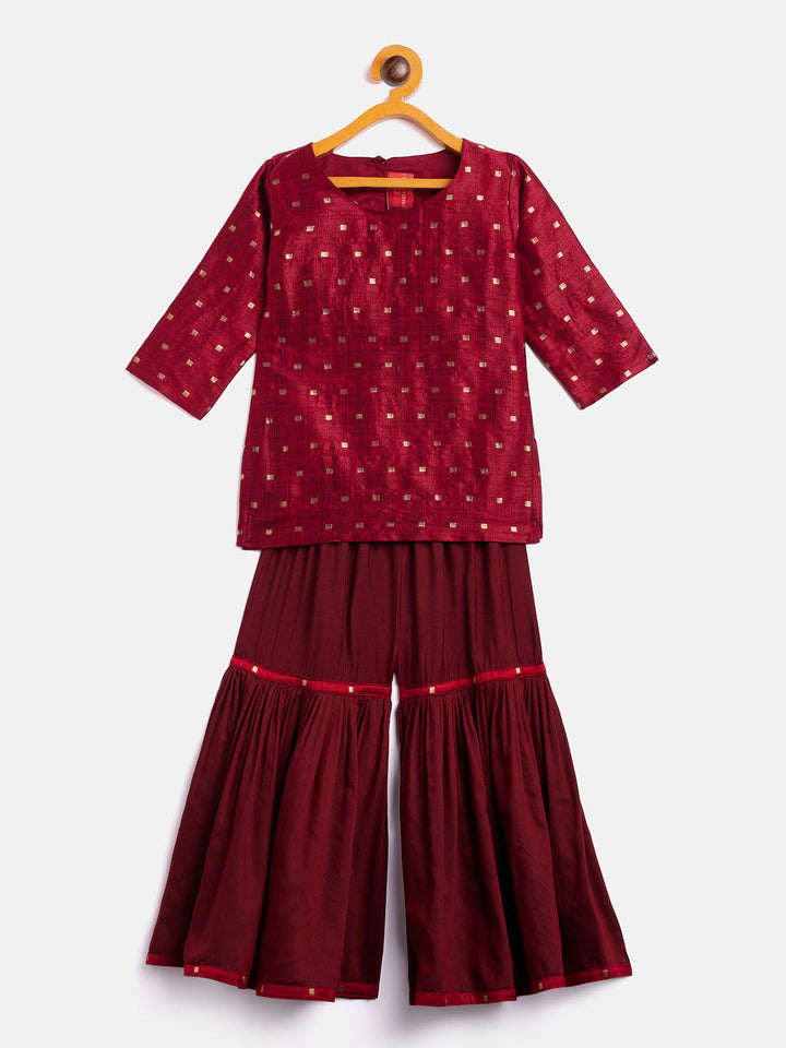 VASTRAMAY SISHU Girls' Maroon Zari Kurta And Maroon Sharara Set - qivii