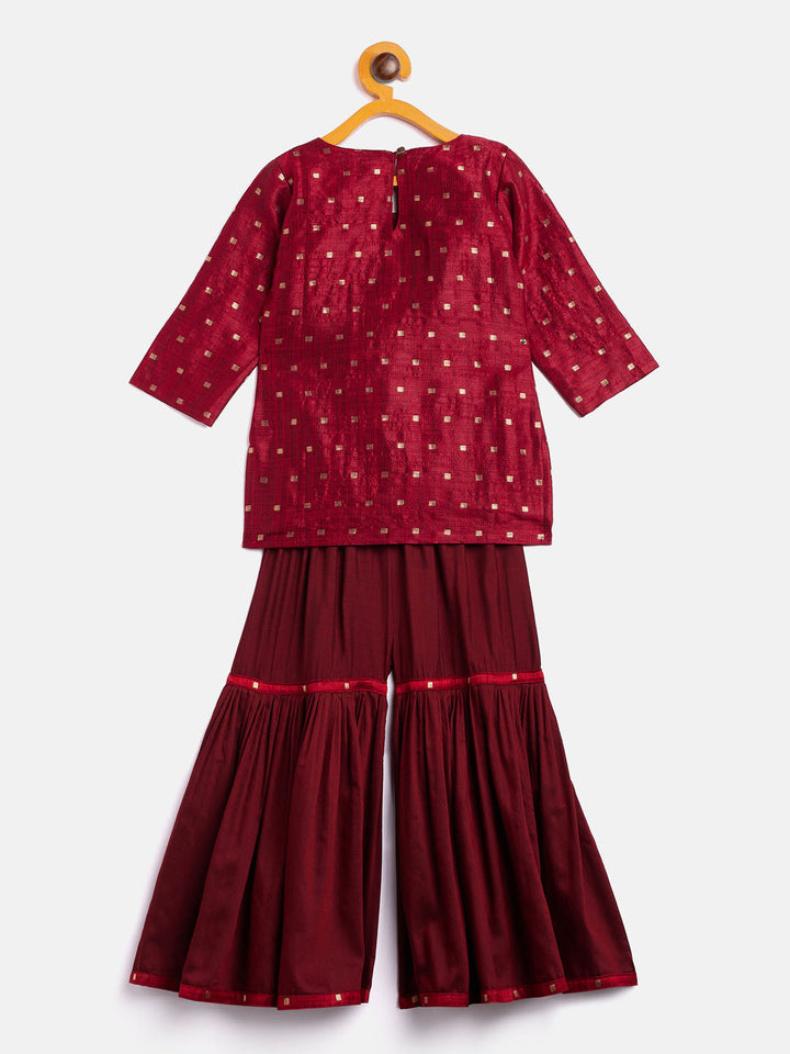 VASTRAMAY SISHU Girls' Maroon Zari Kurta And Maroon Sharara Set - qivii