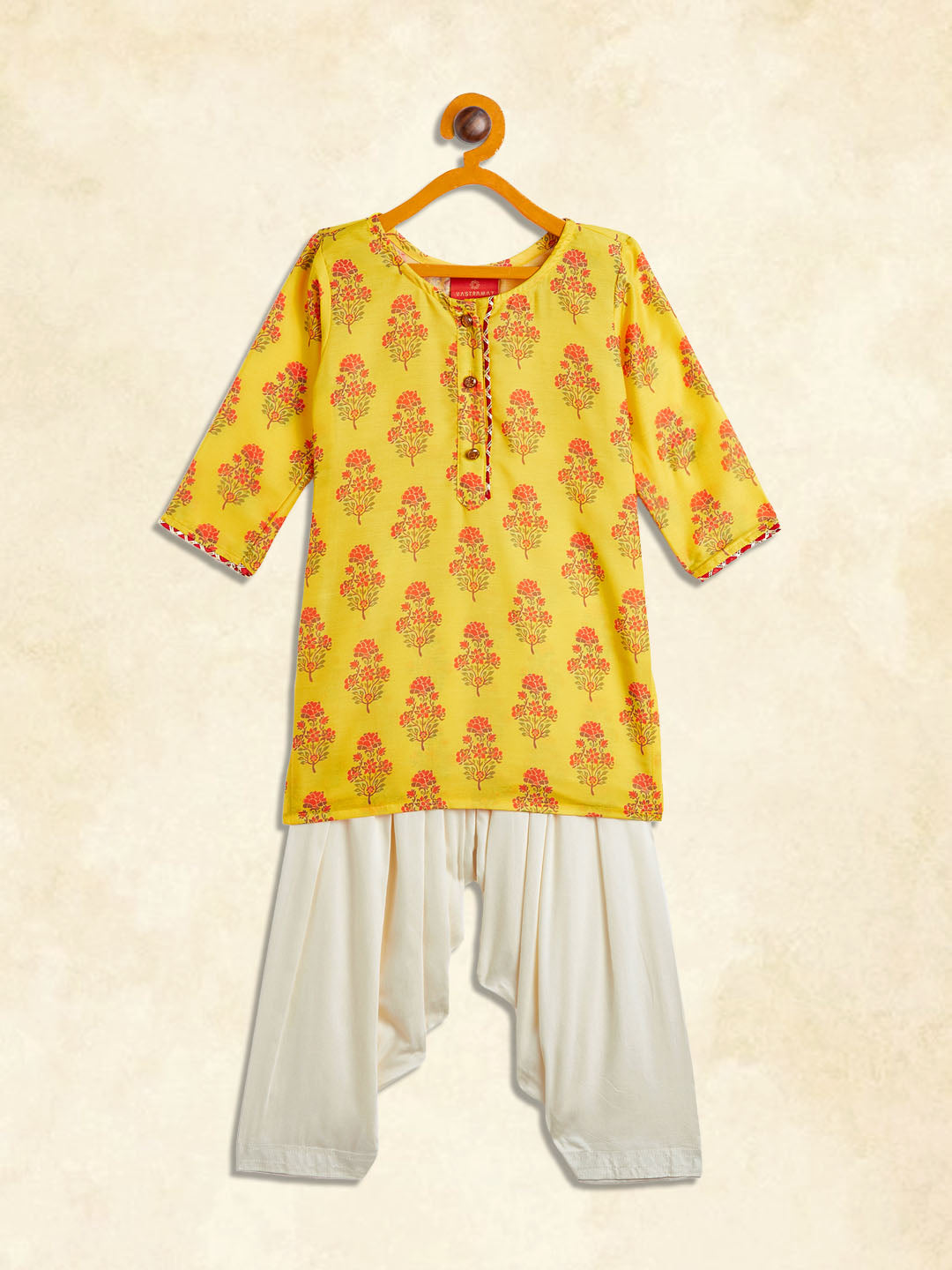 VASTRAMAY SISHU Girl's Orange-Base-Printed Cotton Blend Kurta Patiyala Set - qivii