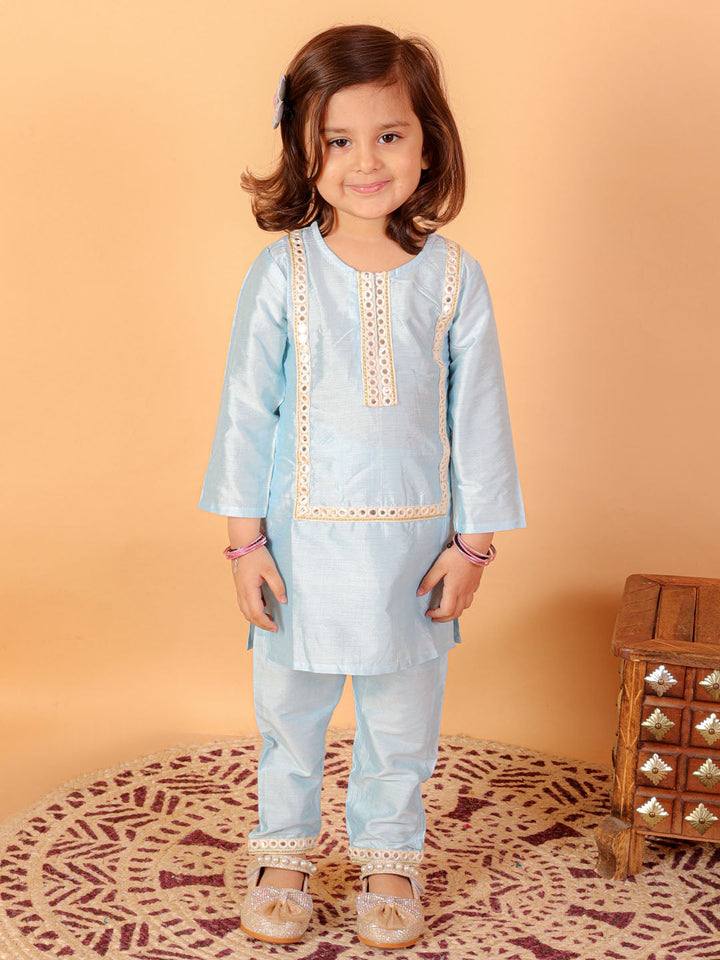 VASTRAMAY SISHU Girls' Aqua Blue Viscose Kurta And Straight Pant Set - qivii