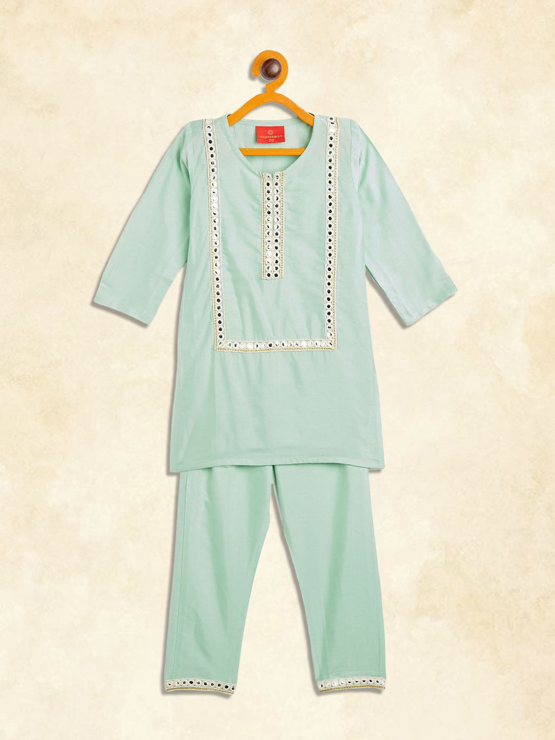 VASTRAMAY SISHU Girls' Mint Green Viscose Kurta And Straight Pant Set - qivii