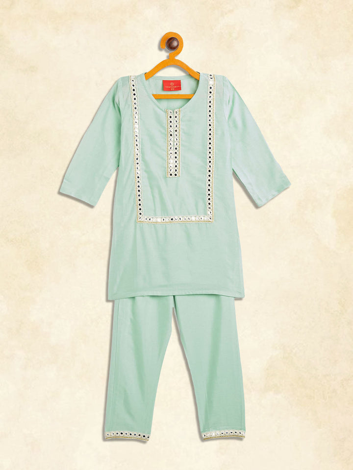 VASTRAMAY SISHU Girls' Mint Green Viscose Kurta And Straight Pant Set - qivii