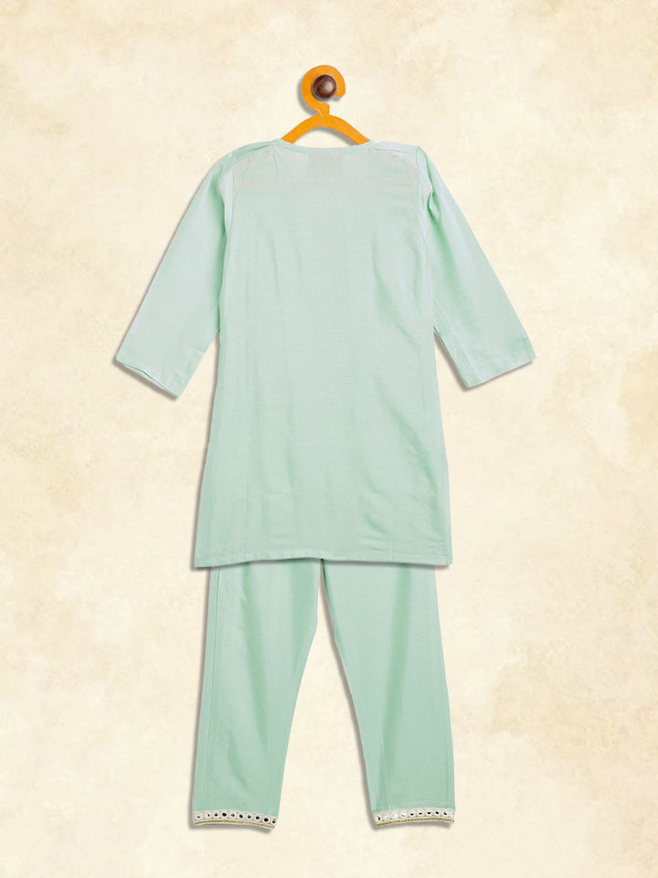 VASTRAMAY SISHU Girls' Mint Green Viscose Kurta And Straight Pant Set - qivii