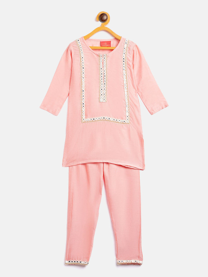 VASTRAMAY SISHU Girls' Pink Viscose Kurta And Straight Pant Set - qivii