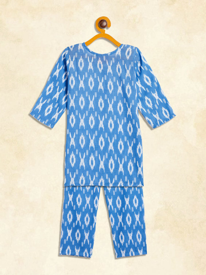 VASTRAMAY SISHU Girls' Aqua Blue Ikkat Print Kurta Pant set - qivii