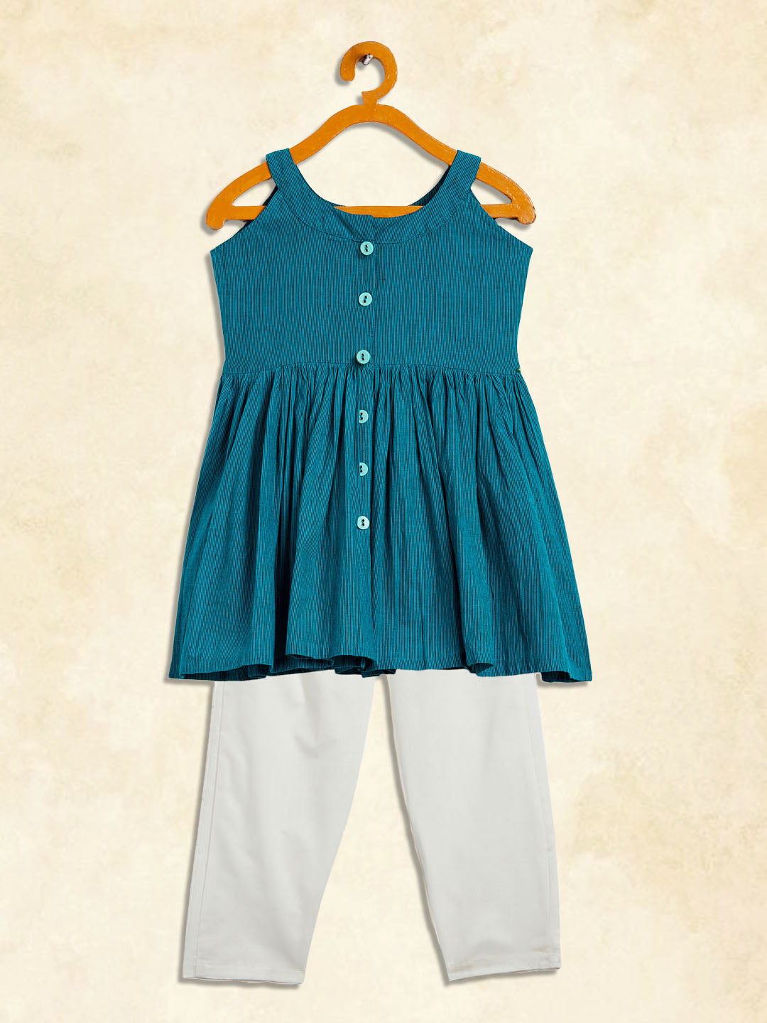 VASTRAMAY SISHU Girl's Aqua Striped Handloom Kurta With Cream Pyjama Set - qivii