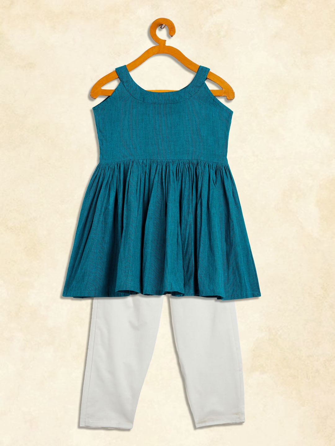 VASTRAMAY SISHU Girl's Aqua Striped Handloom Kurta With Cream Pyjama Set - qivii