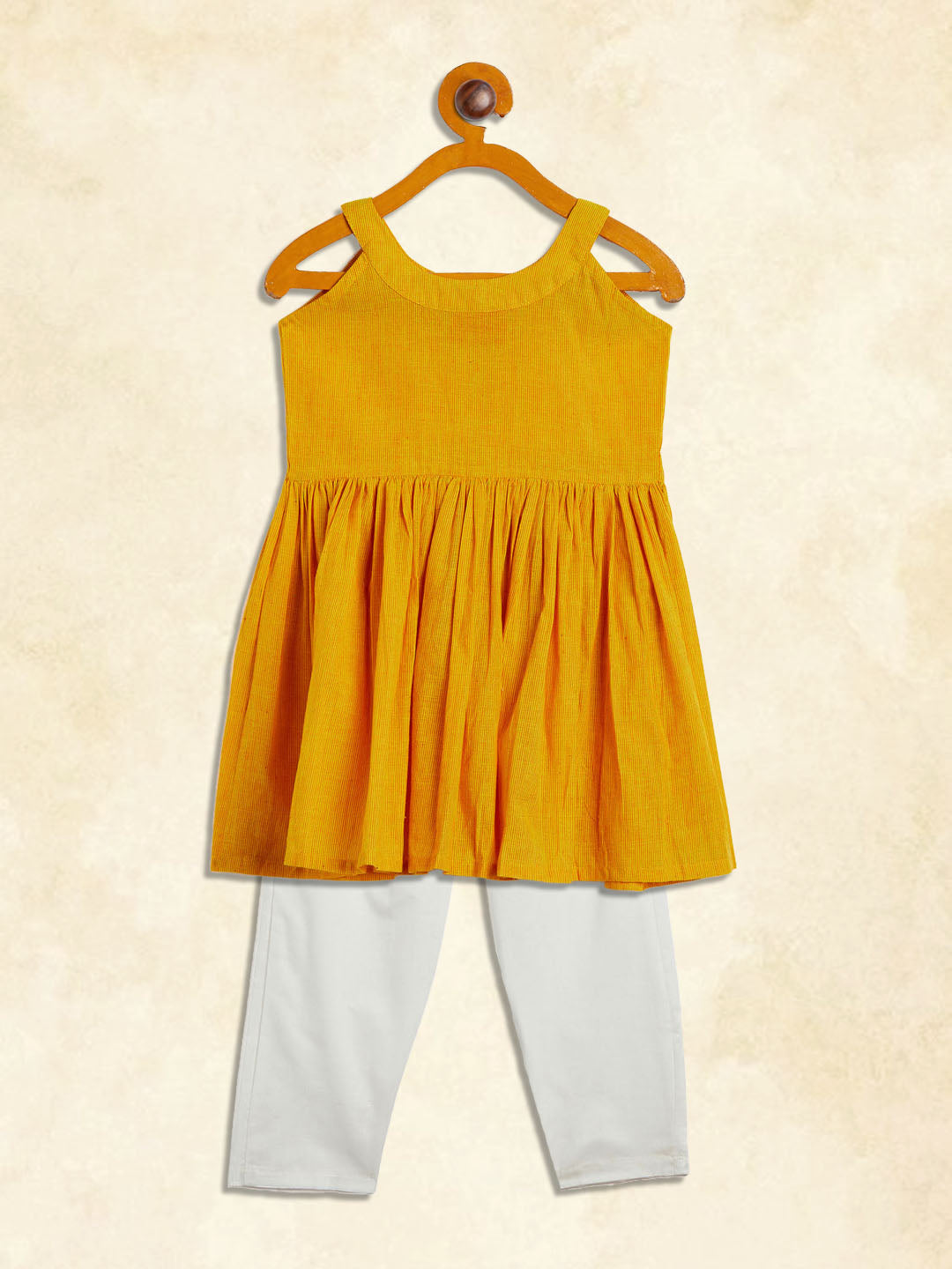 VASTRAMAY Girl's Mustard Striped Handloom Kurta With Cream Pyjama Set - qivii