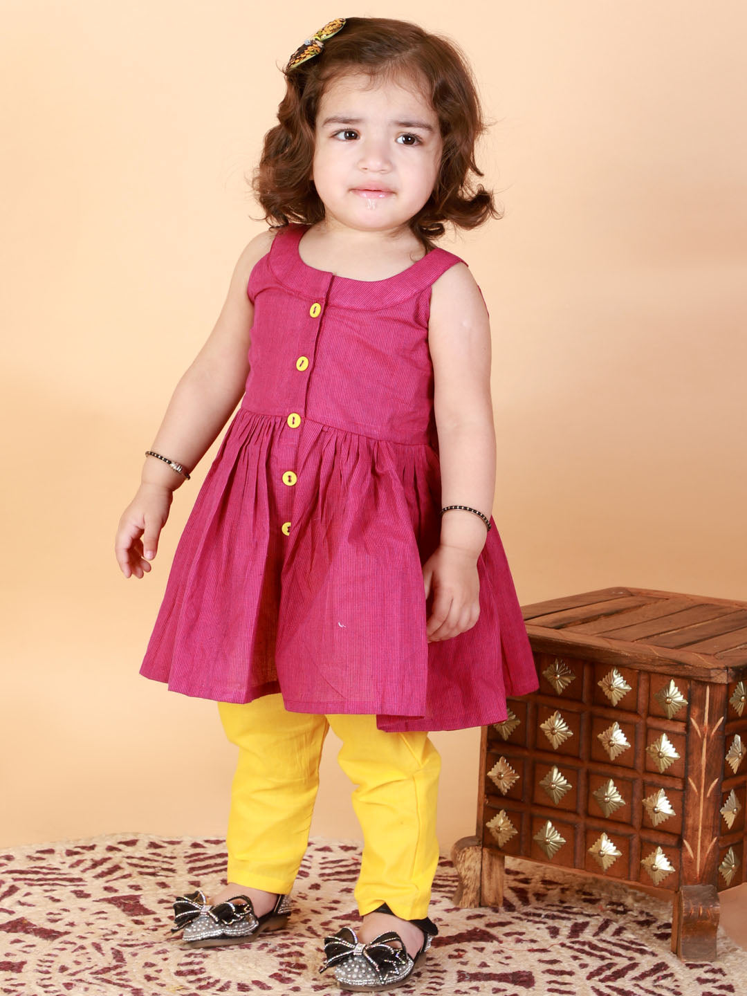 VASTRAMAY SISHU Girl's Purple Striped Handloom Kurta With Yellow Pyjama Set - qivii