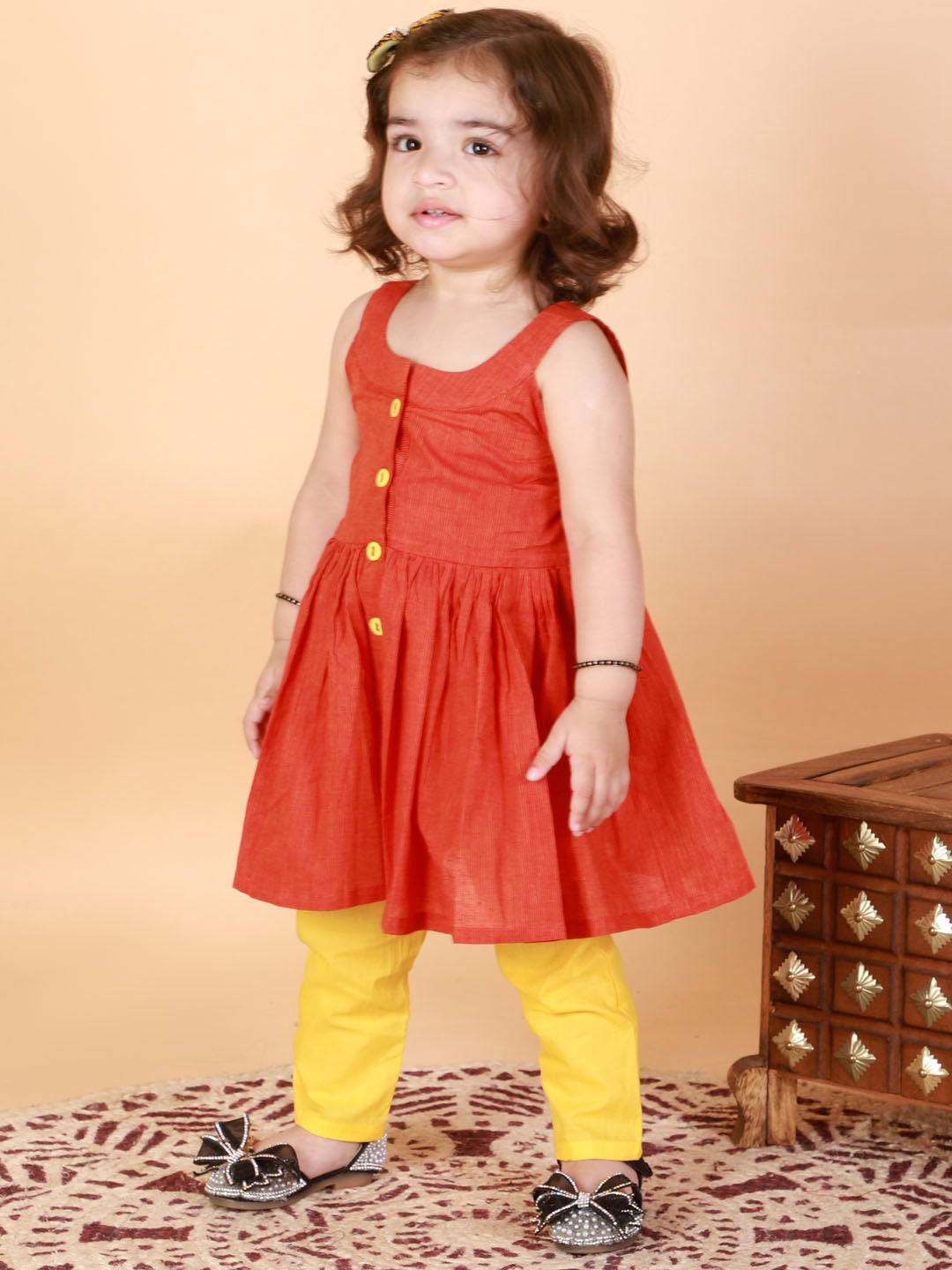 VASTRAMAY SISHU Girl's Red Striped Handloom Kurta With Yellow Pyjama Set - qivii