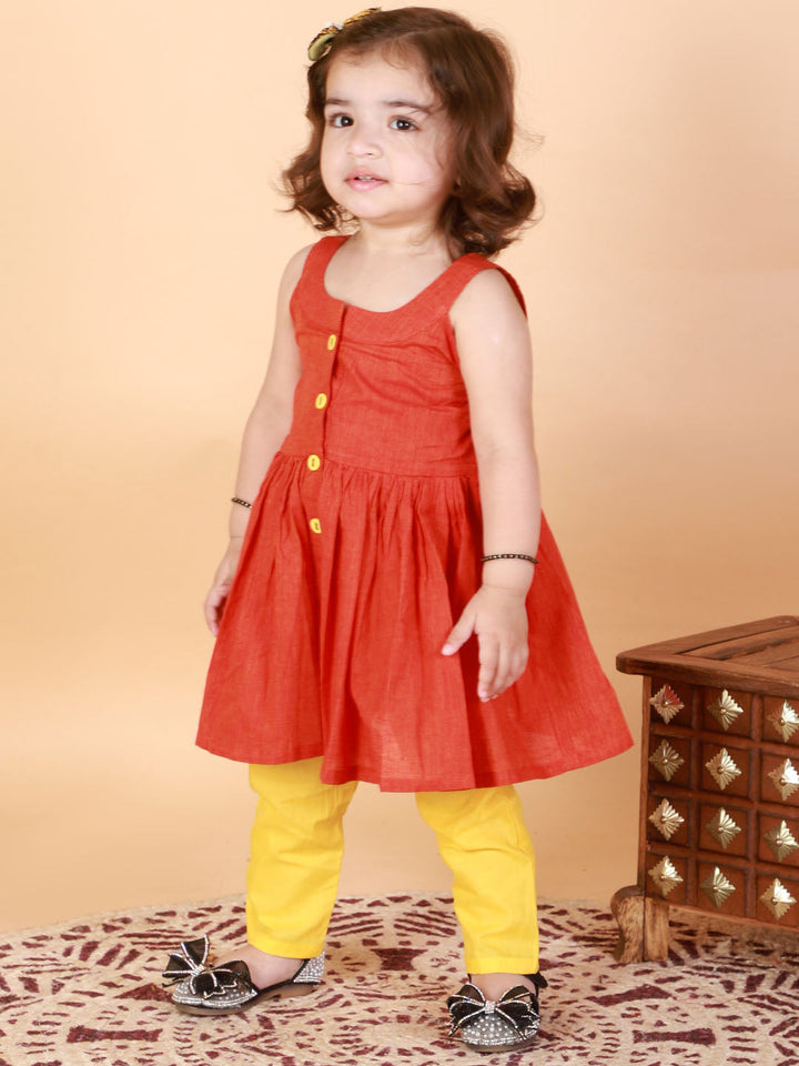 VASTRAMAY SISHU Girl's Red Striped Handloom Kurta With Yellow Pyjama Set - qivii