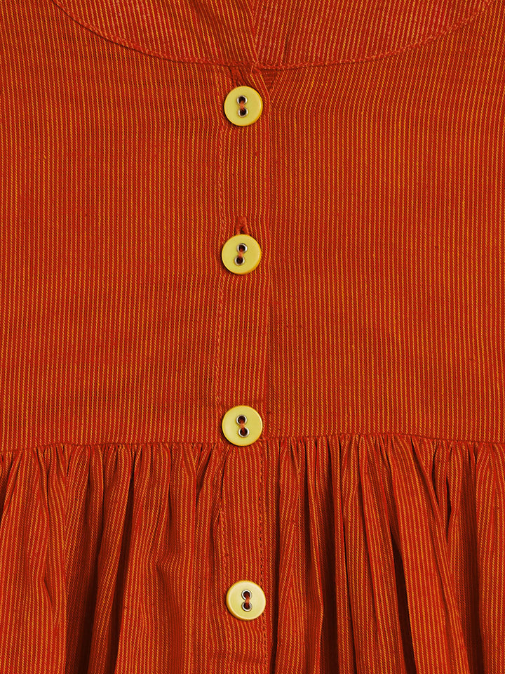 VASTRAMAY SISHU Girl's Red Striped Handloom Kurta With Yellow Pyjama Set - qivii