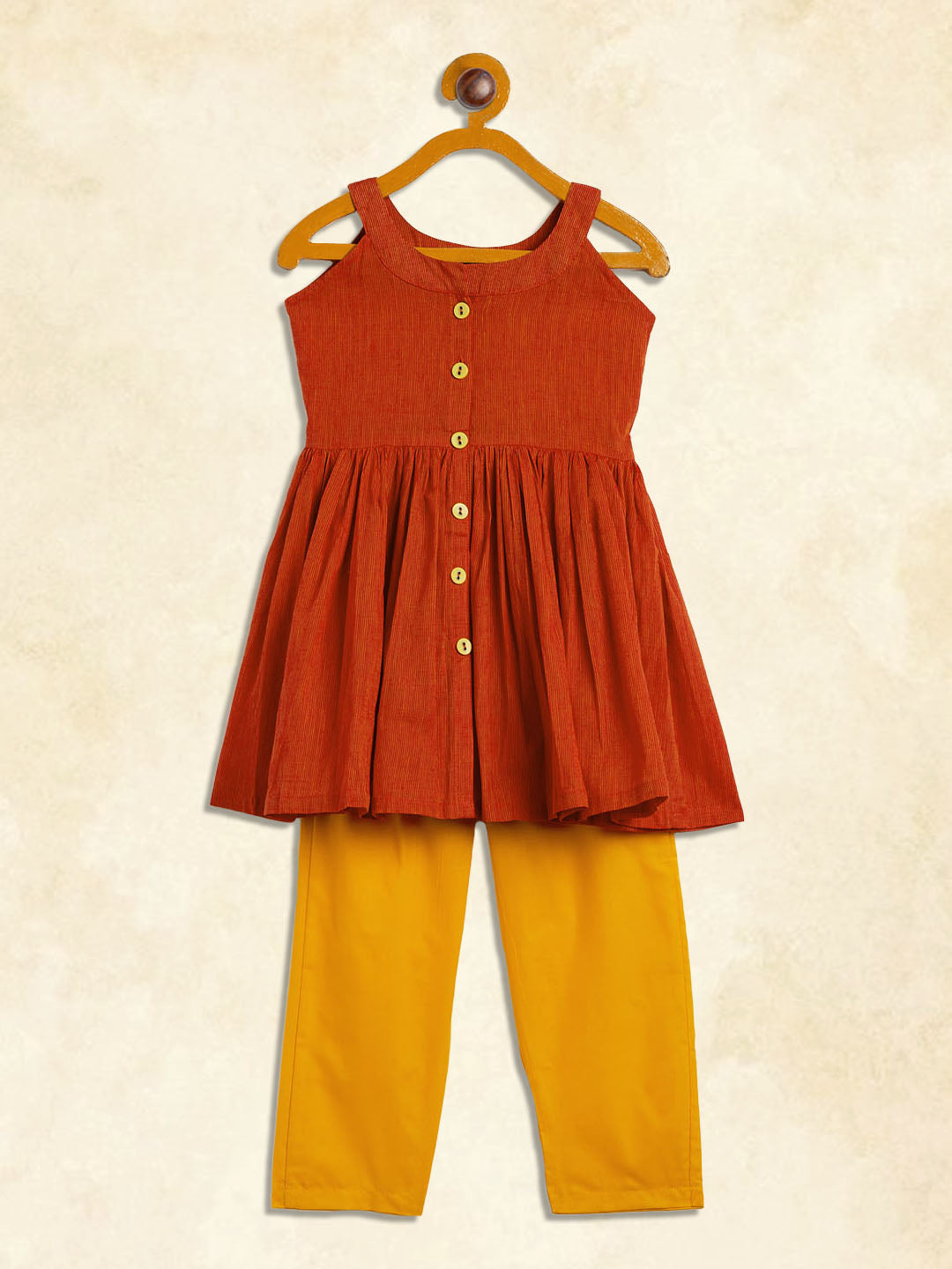 VASTRAMAY SISHU Girl's Red Striped Handloom Kurta With Yellow Pyjama Set - qivii