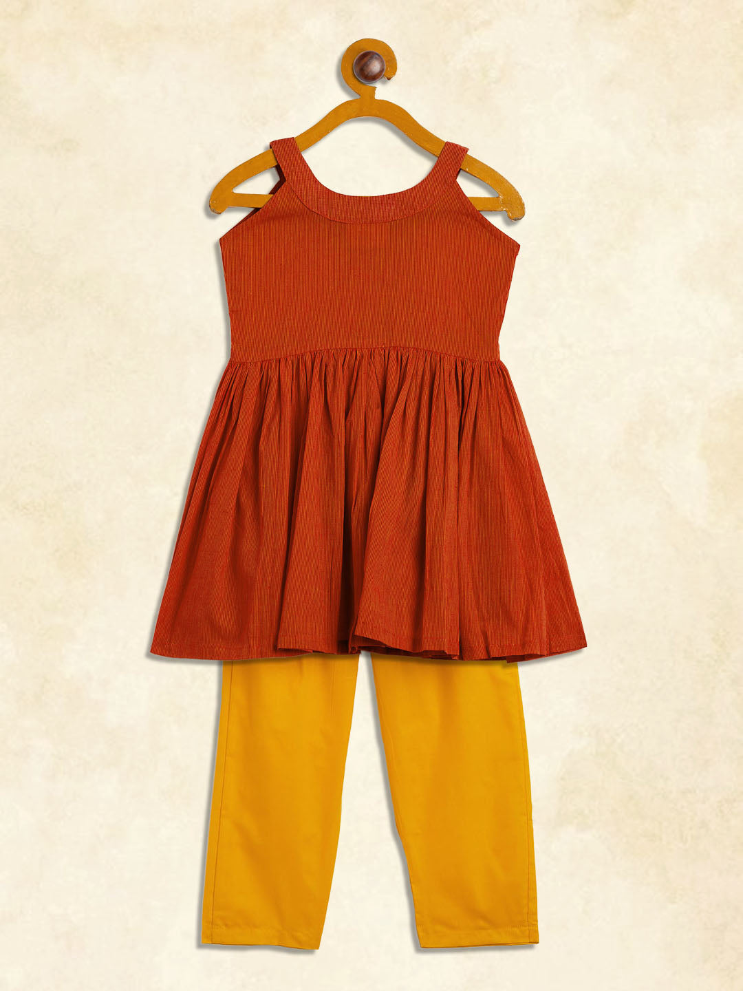 VASTRAMAY SISHU Girl's Red Striped Handloom Kurta With Yellow Pyjama Set - qivii