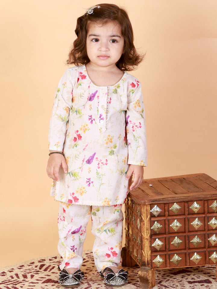 VASTRAMAY SISHU Girl's Multicolor-Base Cream Kurta pant Set - qivii