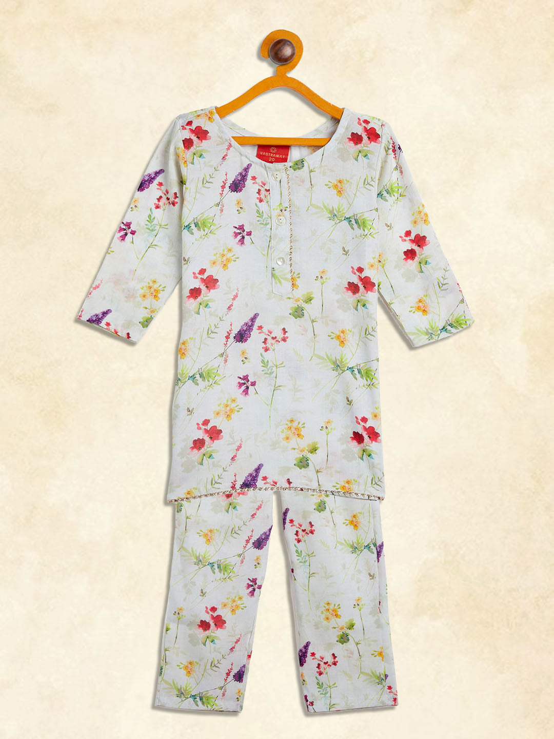 VASTRAMAY SISHU Girl's Multicolor-Base Cream Kurta pant Set - qivii