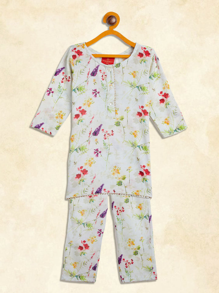 VASTRAMAY SISHU Girl's Multicolor-Base Cream Kurta pant Set - qivii