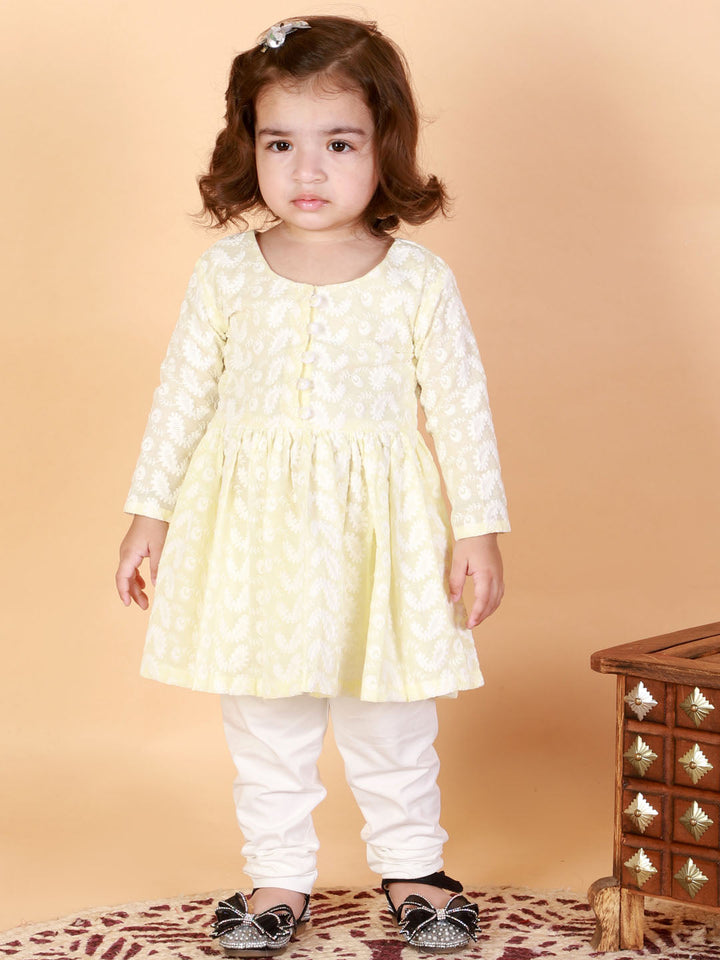 VASTRAMAY SISHU Girl's Yellow And White Chikankari Kurta Leggings Set - qivii