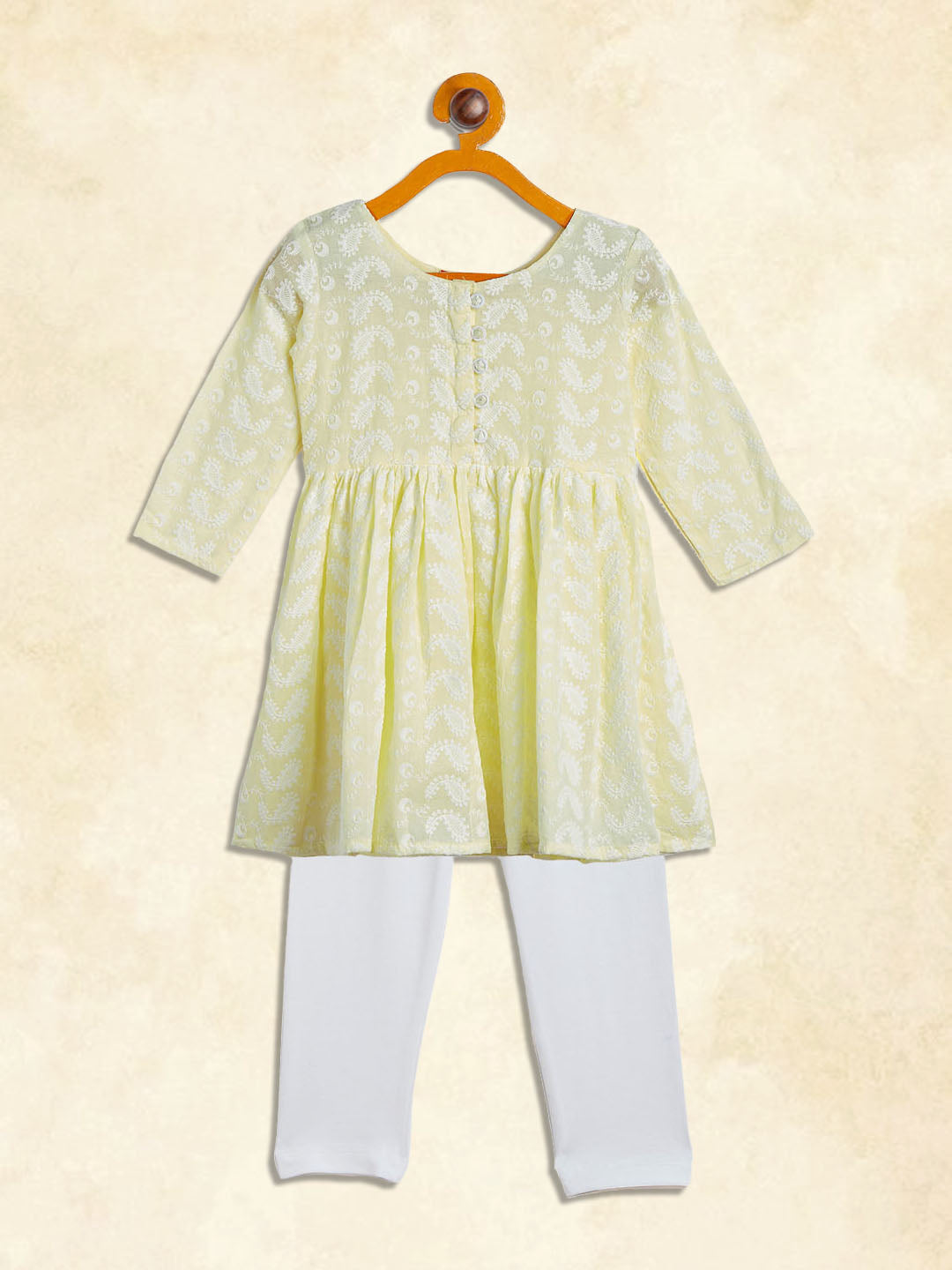 VASTRAMAY SISHU Girl's Yellow And White Chikankari Kurta Leggings Set - qivii
