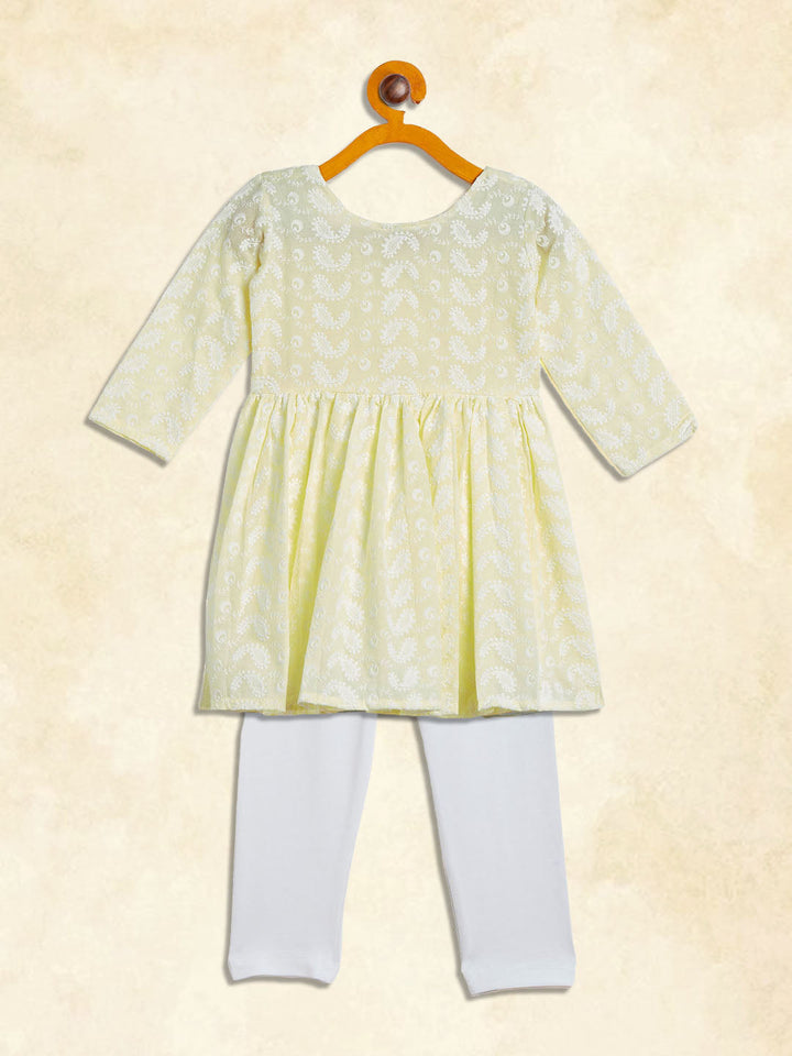 VASTRAMAY SISHU Girl's Yellow And White Chikankari Kurta Leggings Set - qivii