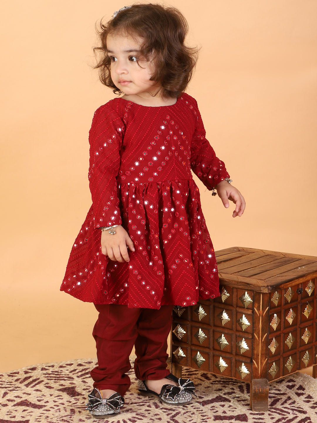 VASTRAMAY SISHU Girl's Maroon Mirror Kurta Pyjama Set - qivii