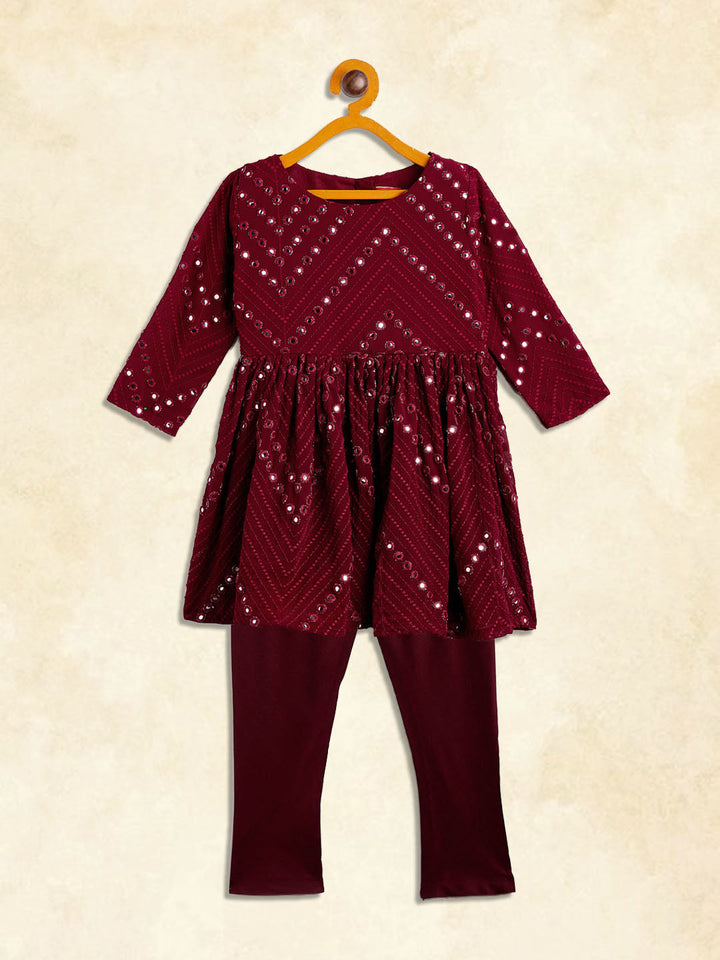 VASTRAMAY SISHU Girl's Maroon Mirror Kurta Pyjama Set - qivii